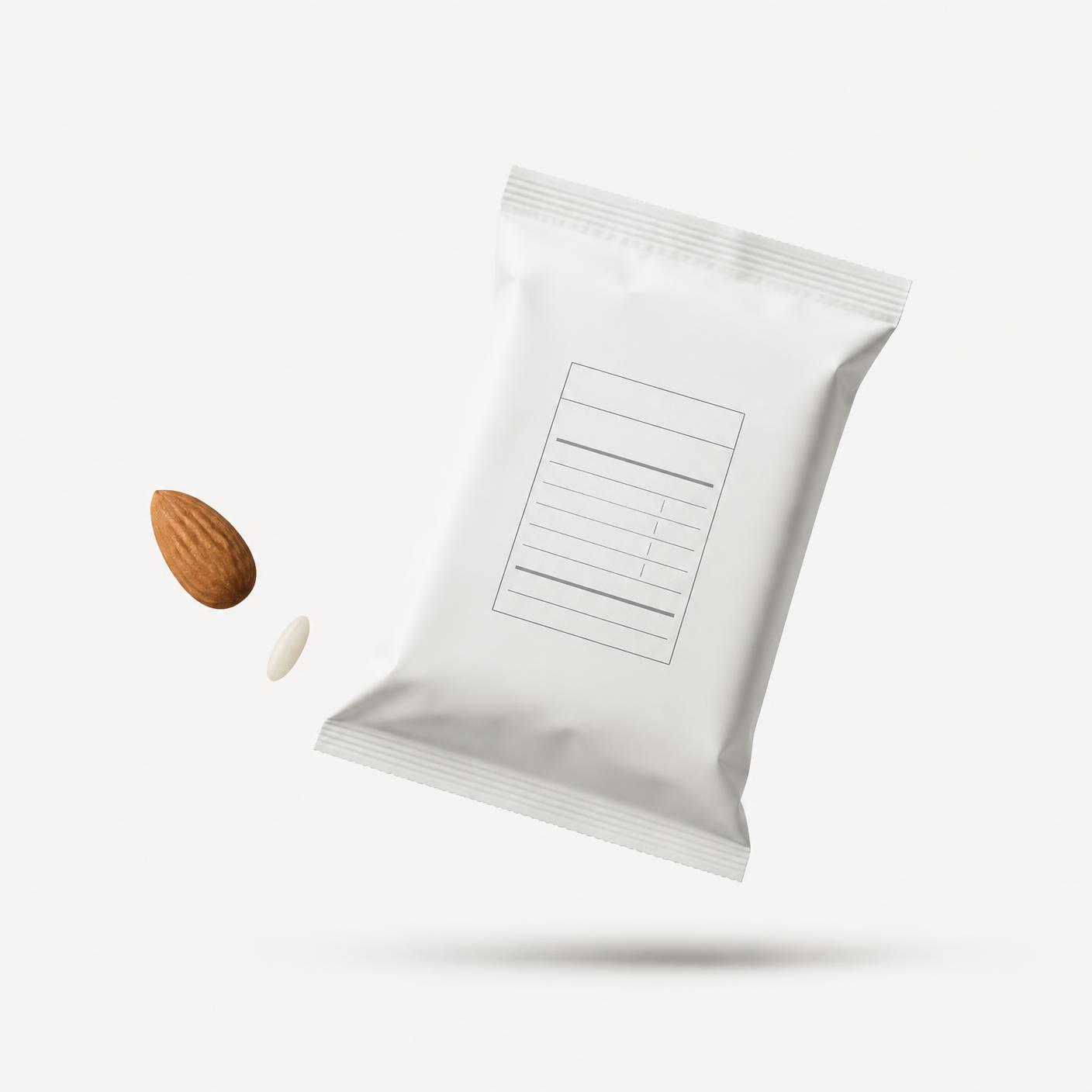 Envase alimentario sin marca con una etiqueta en blanco suspendido junto a dos ingredientes aislados